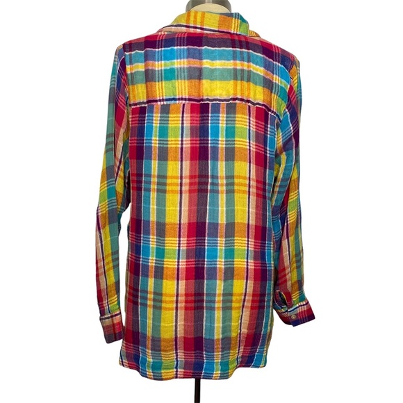 Soft Surroundings Kona Shores Rainbow Plaid Gauze Cotton Button Up Shirt - Picture 3 of 11